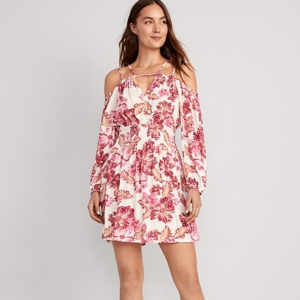 NWT Old Navy Waist Defined Floral Cold Shoulder Cutout Smocked Mini Dress SM